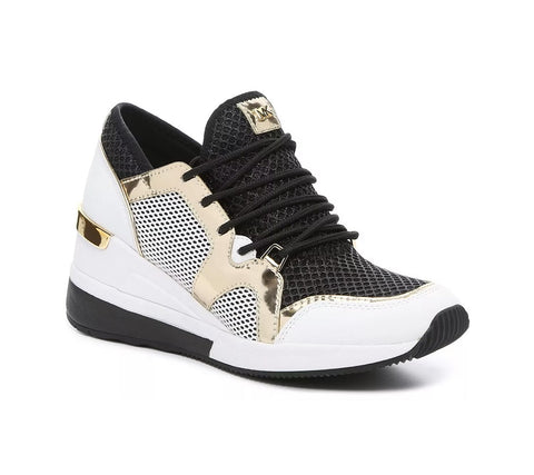 Michael Kors Liv Glitter Net Mesh Trainer Wedge Sneaker Black/Gold 6M