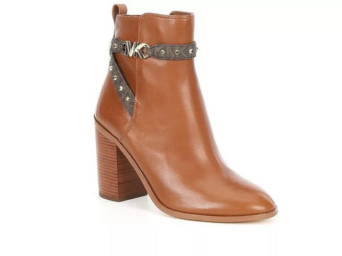Michael Kors Women's Farrah Logo Detail Leather Block Heel Booties Luggage 8.5M