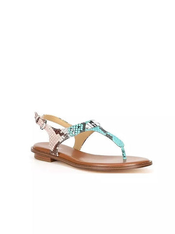 Michael Kors MK Plate Thong Snake Embossed Leather Sandals Ocean Blue Multi