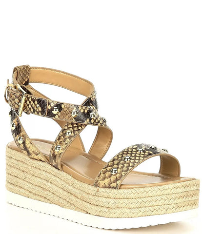 MICHAEL Kors Lowry Snake Print Leather Espadrille Wedges Camel 10M