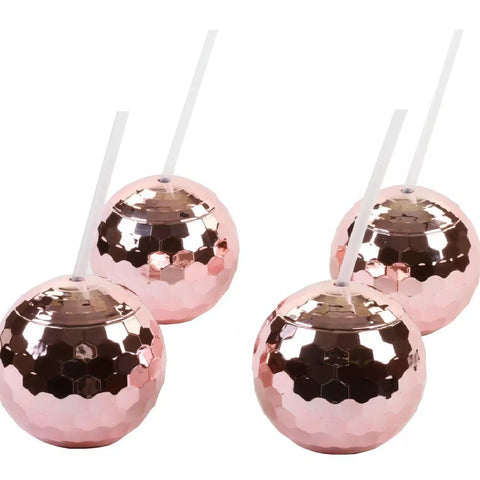 4 Pack Set Rose Gold Disco Ball Party Cup with Lid and Straw 16 oz