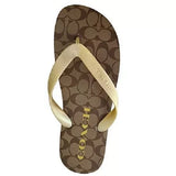 Coach Women's Flip Flop Rubber Sandals Signature Print CC Khaki Gold