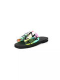 DKNY Women's Isha Gasoline Vinyl Logo Flat Slide Sandals Multi 6M US